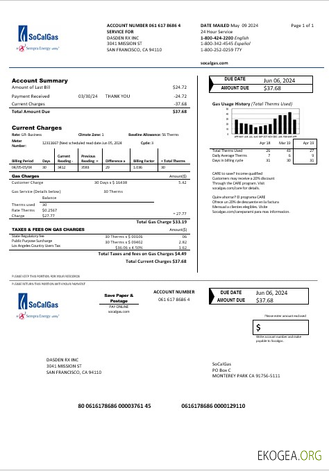 Modèle de facture de services publics pour les entreprises USA California SoCal Gas aux formats Word et PDF